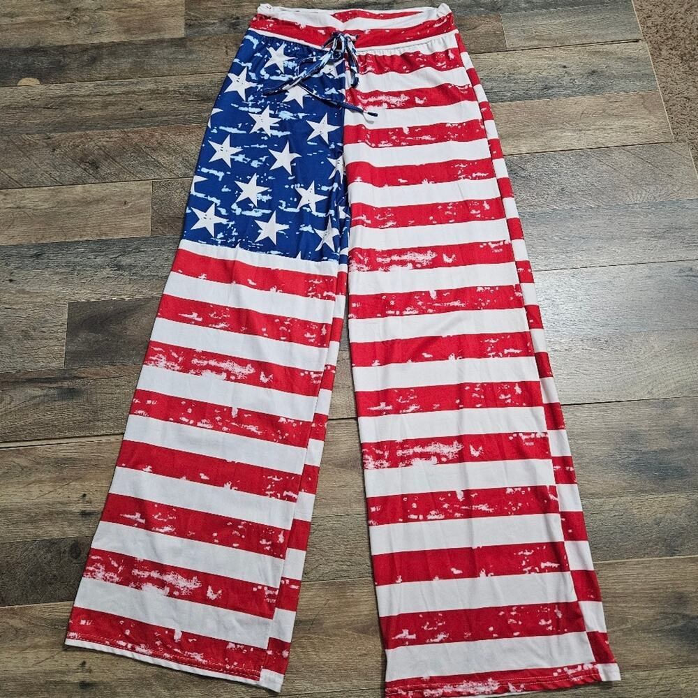Stars and Stripes Red White Blue Wide Leg Pull On Lounge Casual Patriotic Pants - Picture 2 of 7